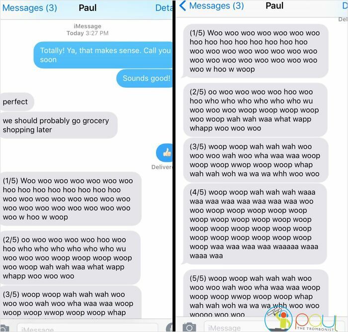 Screenshot of awkward text messages with repeated woo sounds and jumbled words