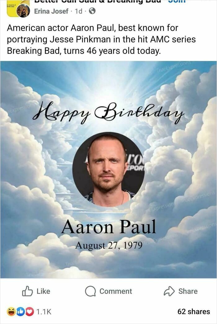 Birthday tribute image for Aaron Paul actor from Breaking Bad with cloudy sky background