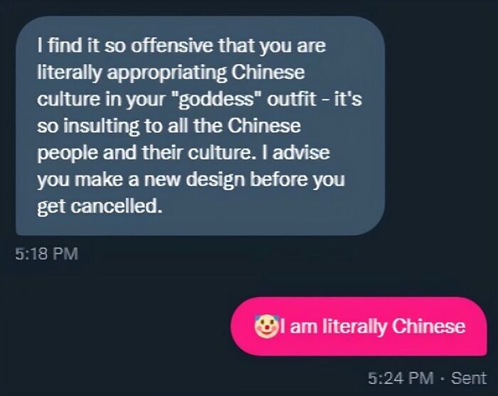 Offensive cultural appropriation accusation and humorous reply in a text message