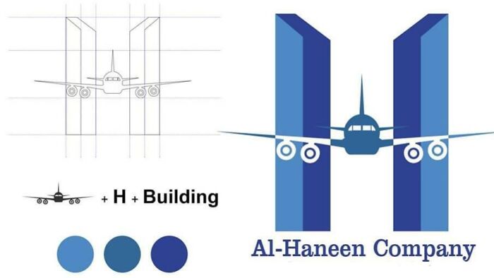 Logo design combining airplane, letter H, and buildings poorly integrated