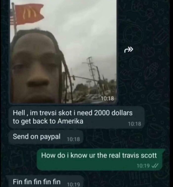 Text conversation with fake Travis Scott asking for 2000 dollars to return to America