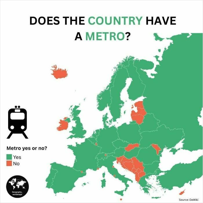 Europe map showing which countries have metro systems in green or not in red