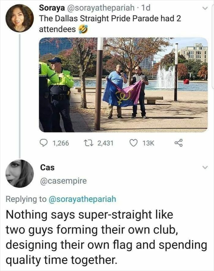 Tweet about Dallas Straight Pride Parade with only two attendees holding their own flag