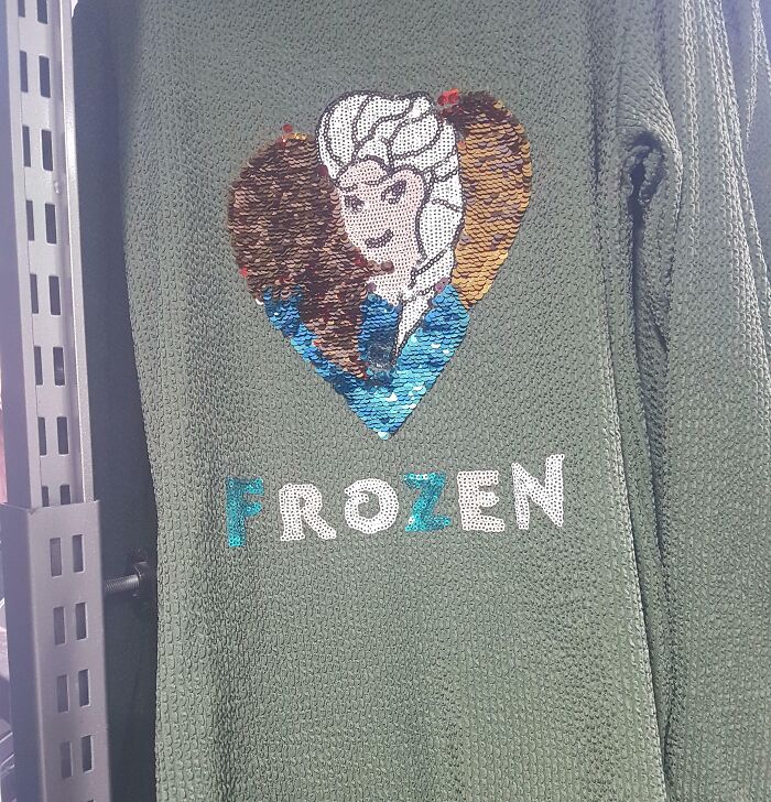 A green clothing design featuring a sequined image of Elsa from Frozen.