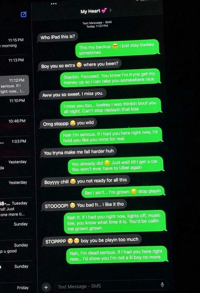Funny romantic text messages about missing and playing grown in a SMS conversation