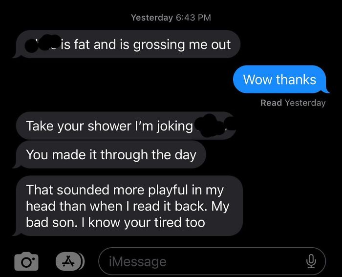 Playful and rude text exchange about appearance followed by apology