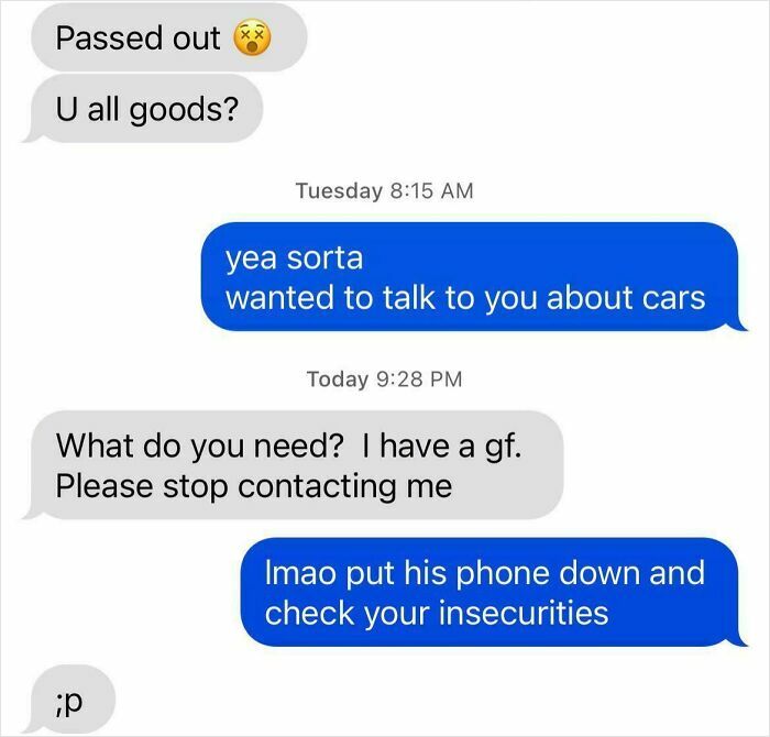 Text conversation about cars leading to a girlfriend warning