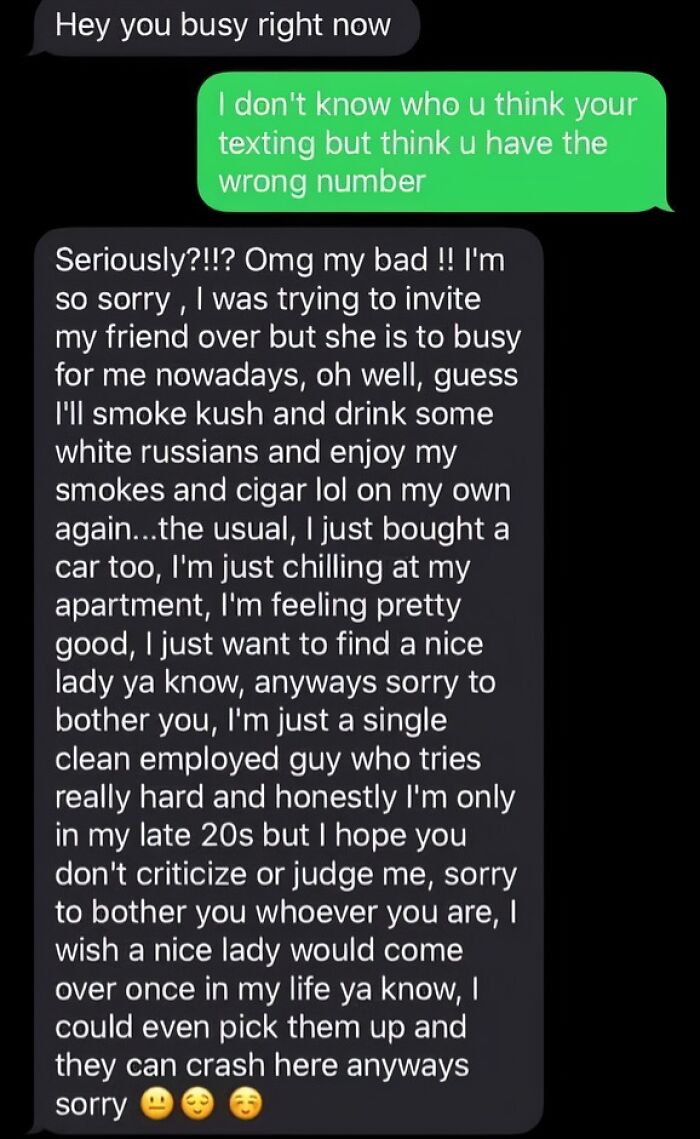Long awkward text after wrong number mistaken as invitation