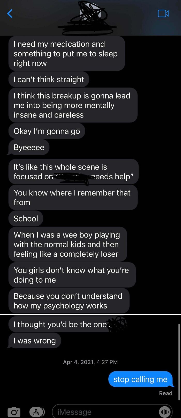Long text about breakup and mental struggles with reply saying stop calling me in awkward texts