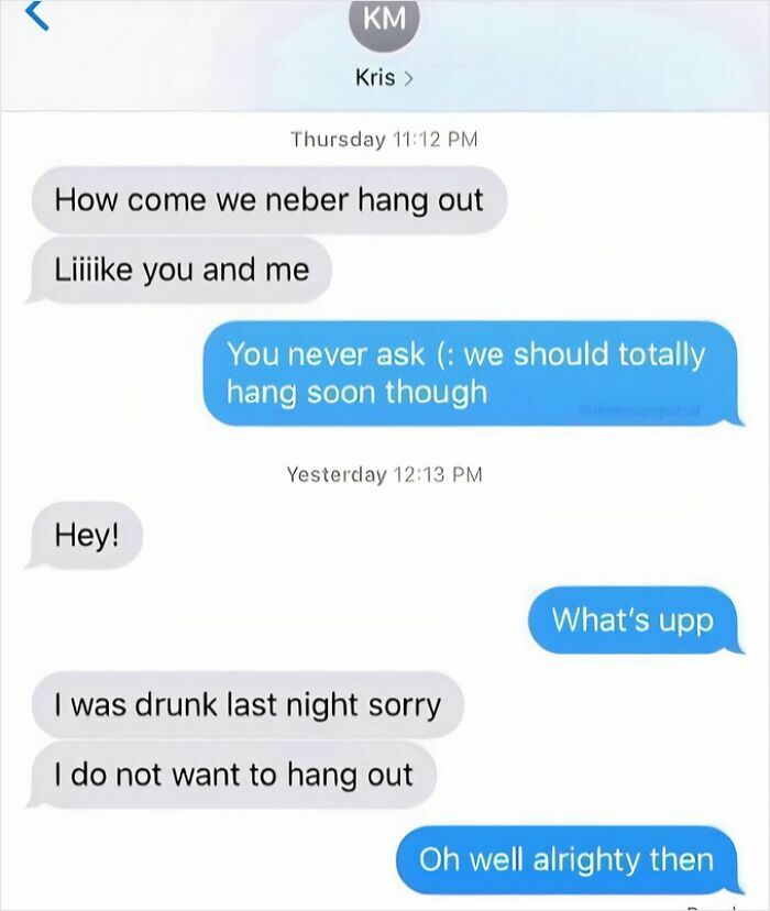 Text conversation with awkward rejection after drunken invitation