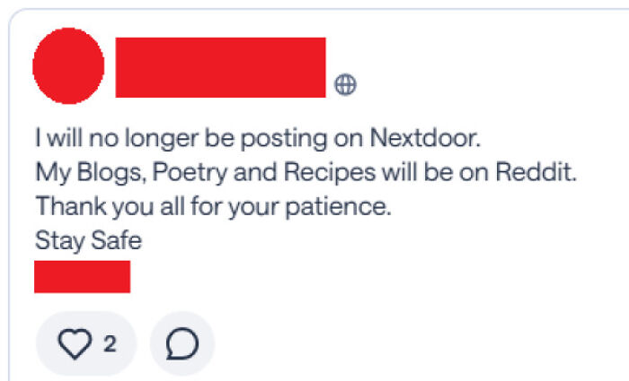 Hilarious neighborhood online community screenshot announcing a user is leaving Nextdoor to post blogs, poetry, and recipes on Reddit.