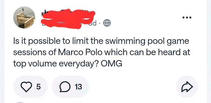 Hilarious neighborhood online community screenshot asking about limiting loud Marco Polo swimming pool games. OMG.