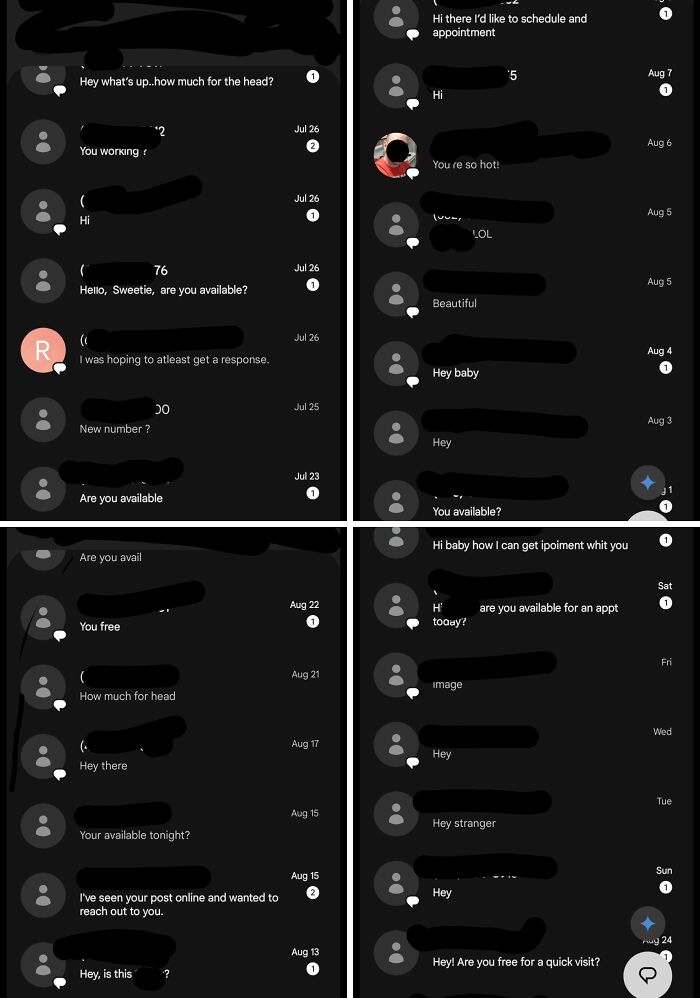 Screenshot of repeated awkward text messages asking about availability