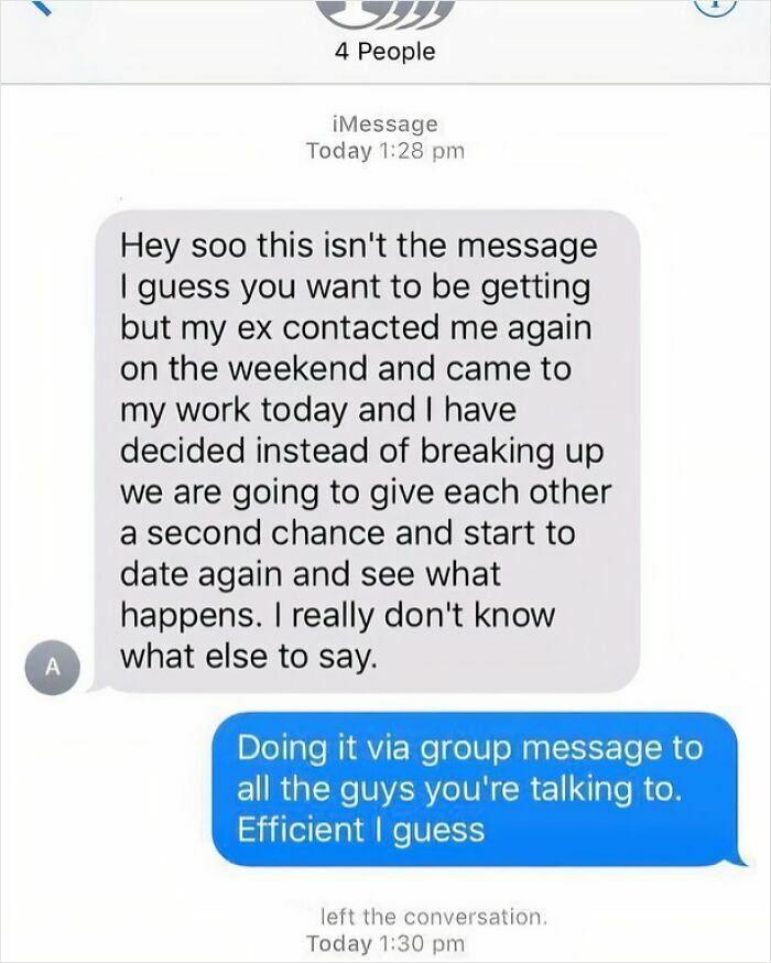 Embarrassing group message revealing relationship status among multiple recipients