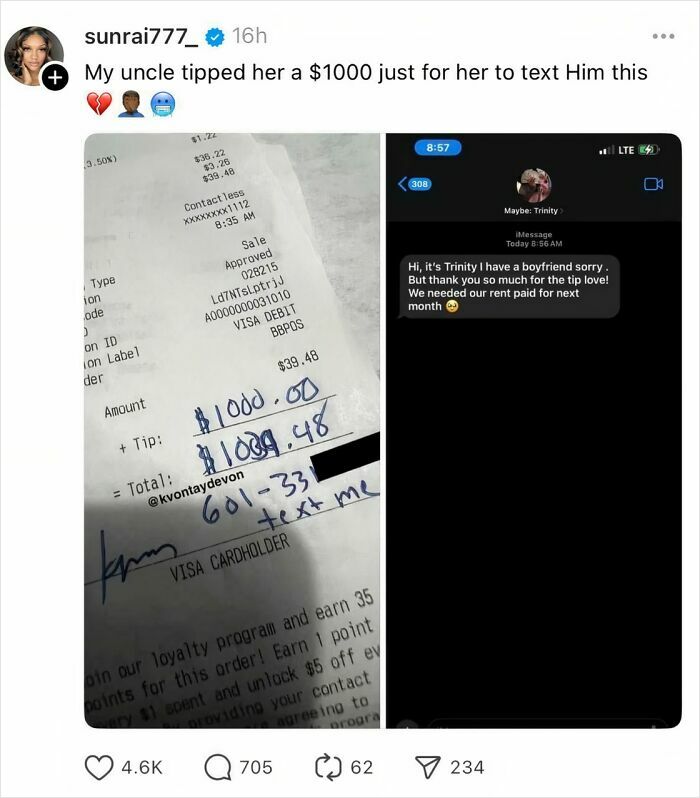Screenshot of a $1000 tip and a text message about paying rent