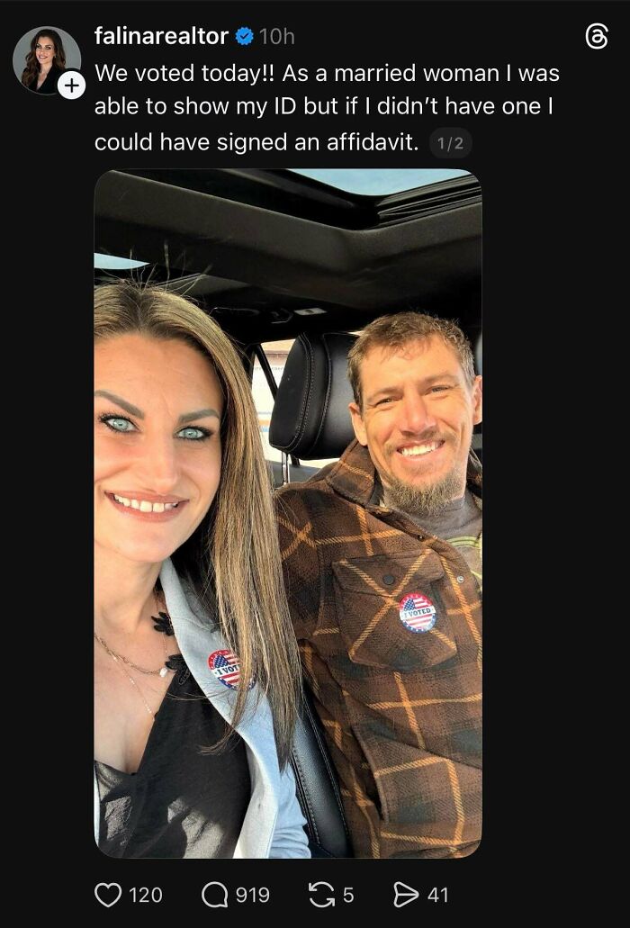 Weird internet moment screenshot of a couple with I Voted stickers, showing their participation in voting.