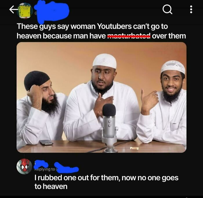 A funny internet moment: A tweet with three men in traditional attire, discussing women YouTubers, with a humorous reply.