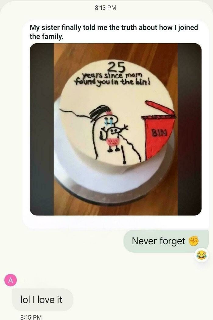 A funny internet moment: A text message showing a birthday cake decorated with a stick figure in a trash can.