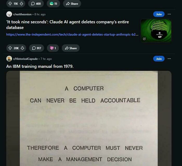Funny internet moment showing a screenshot of a headline about AI deleting a database, next to an IBM manual.