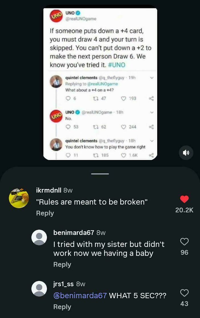 A screenshot of a funny and weird internet moment about UNO rules and humorous comments below the post.