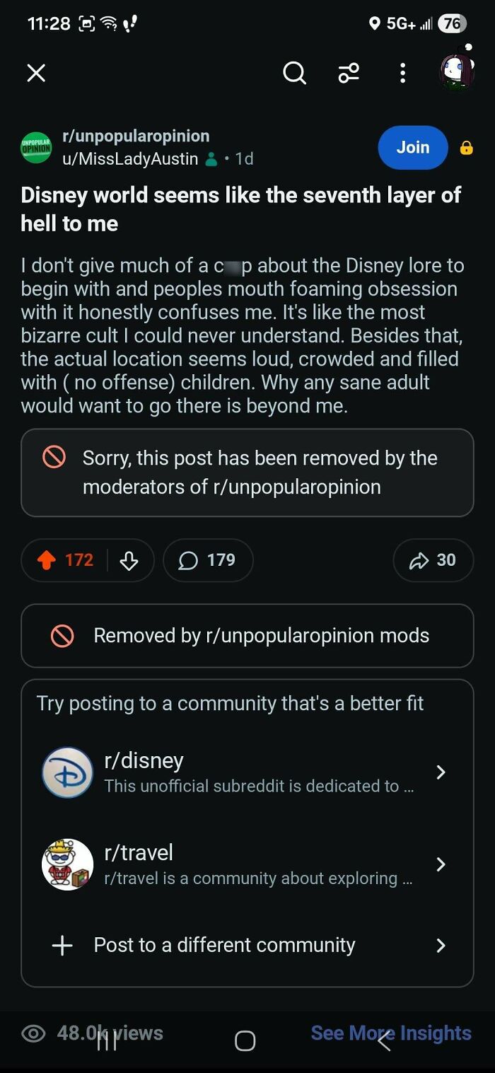 A screenshot of an unpopular opinion on Disney World, a funny internet moment that was removed by moderators.