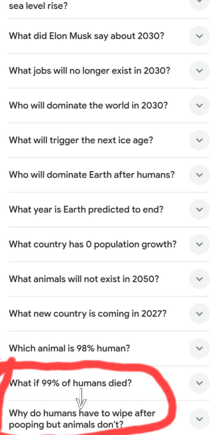 A screenshot capturing funny and weird internet moments from a list of questions, highlighting 'What if 99% of humans died?'