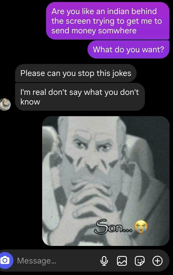 Funny internet moment: A text message conversation with a person asking if they are Indian and then a reply saying, Please can you stop this jokes.