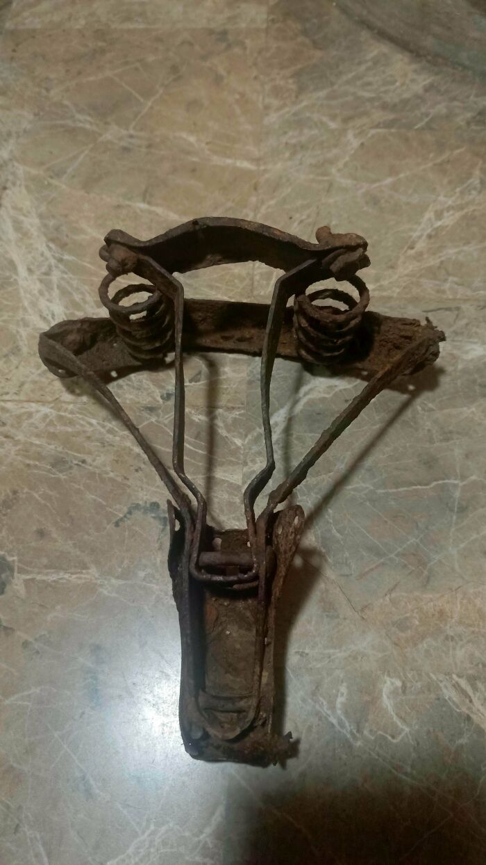Rusted metal bicycle seat frame laying flat, representing unique old treasures found by dedicated antique lovers.