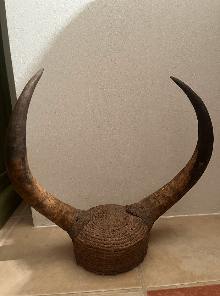 Woven headpiece with large curved animal horns, an authentic vintage antique object