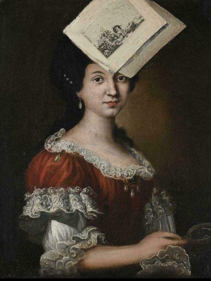 Oil painting portrait of a woman wearing a red dress, an unusual art antique piece