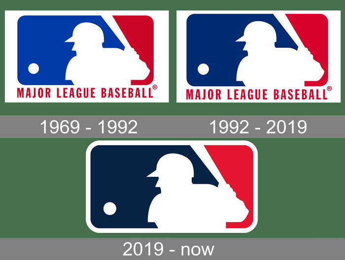 Three Major League Baseball logos from different eras, showcasing the visual glitch in the matrix over time.