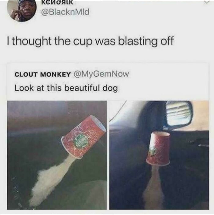 A viral tweet with images showing a coffee cup appearing to blast off, a glitch in the matrix optical illusion.