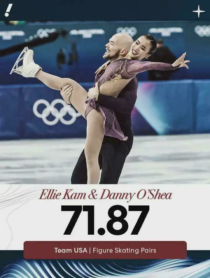 Figure skaters Ellie Kam and Danny OShea perform, looking like a glitch in the Matrix due to their pose.