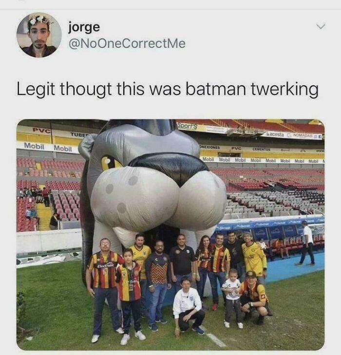 A meme with an inflatable panther mascot at a stadium, resembling Batman twerking, a glitch in the matrix.
