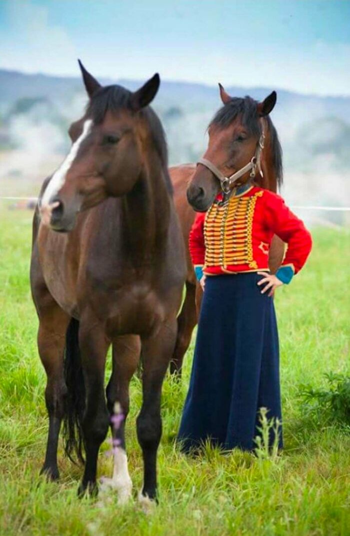 Person in a uniform with a horse head, standing next to a real horse, creating a glitch in the matrix.