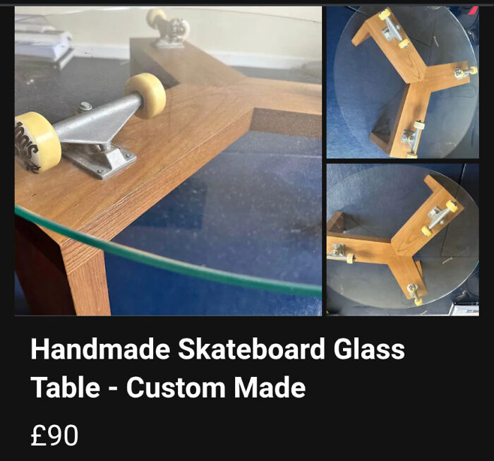 A handmade glass coffee table supported by skateboard trucks and wheels as part of questionable DIY projects.