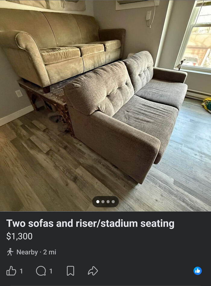 Questionable DIY stadium seating made from two tiered sofas listed for sale online.