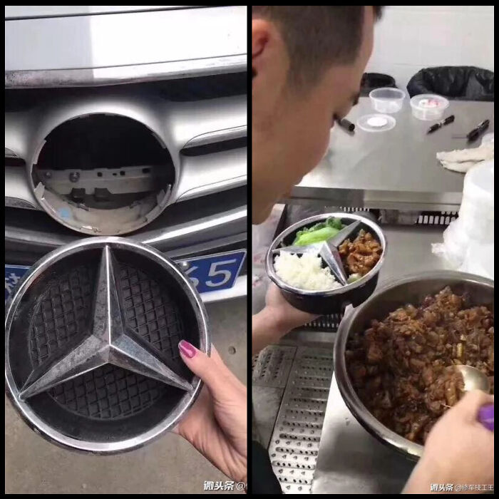 A questionable DIY project featuring a car logo badge repurposed as a meal divider plate.
