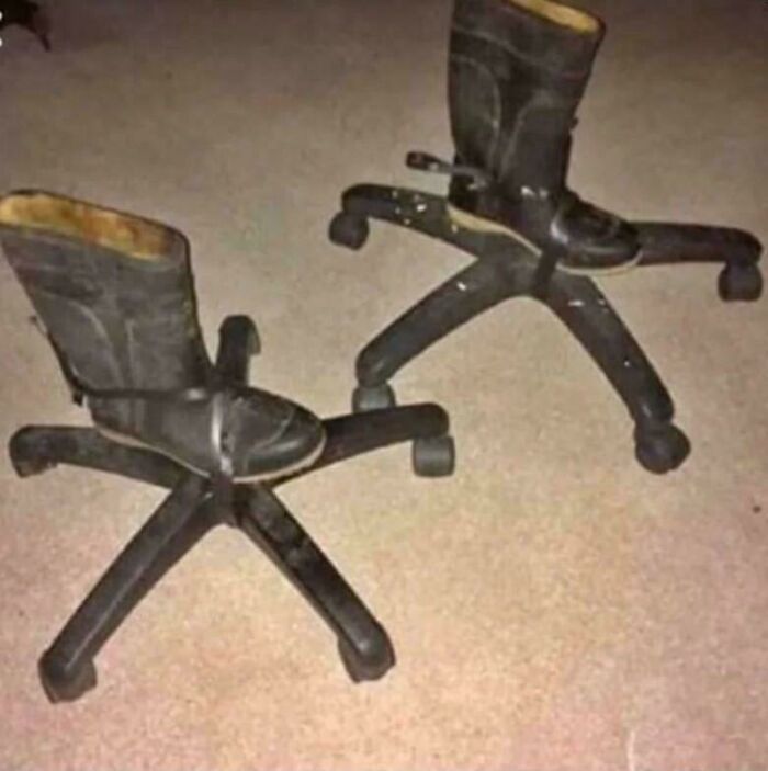 Funny DIY projects showing rubber boots mounted onto rolling office chair wheel bases.