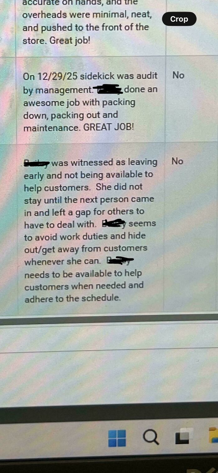 A computer screen showing performance notes and feedback related to Home Depot employees