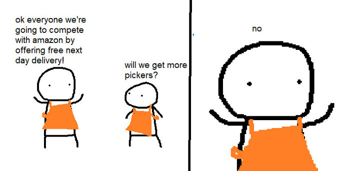 A comic strip about next day delivery challenges faced by Home Depot employees.