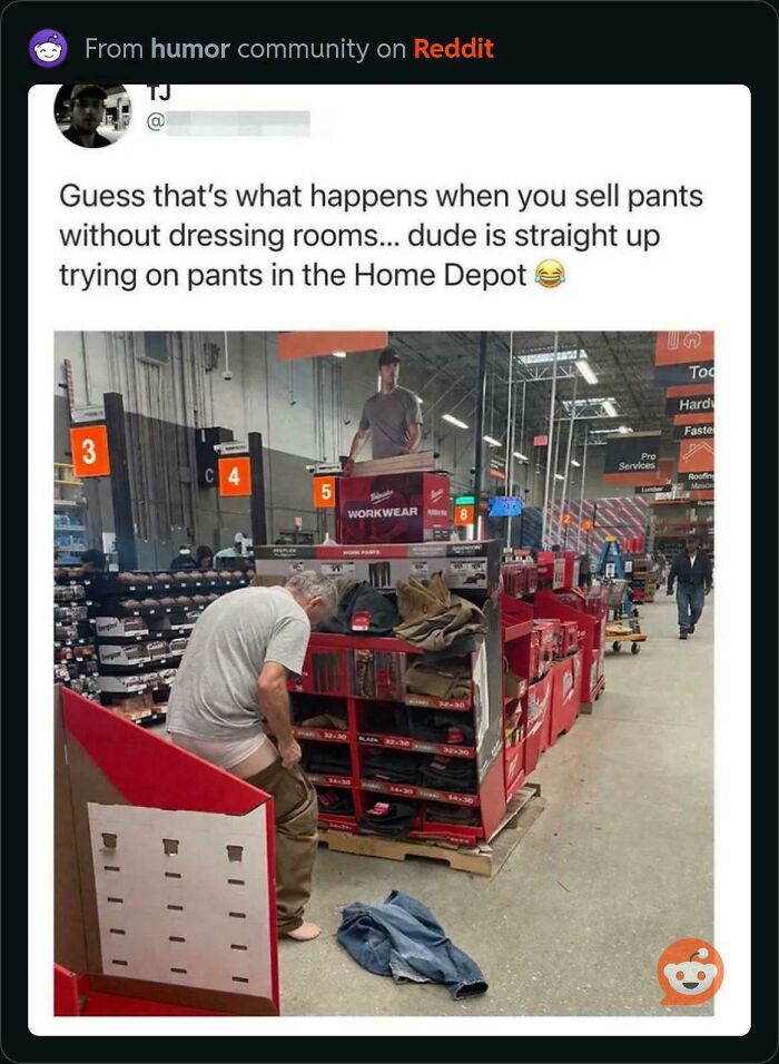 A customer trying on pants in the aisle of a store, illustrating Home Depot employees posts