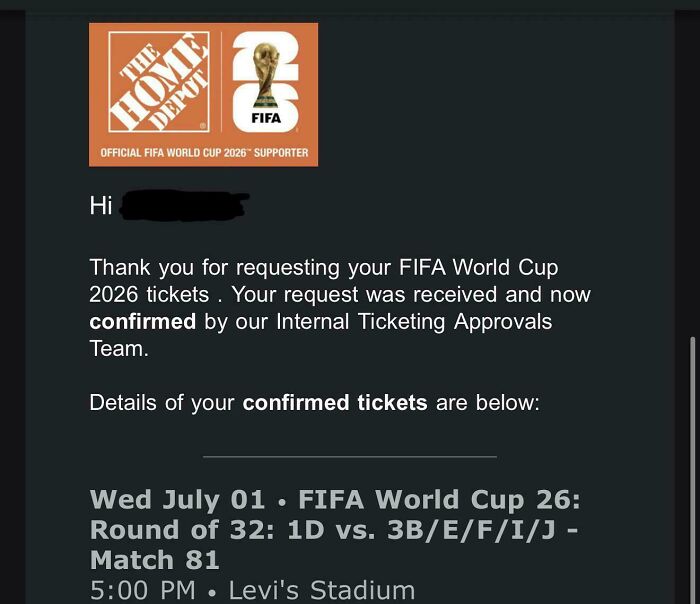 Official confirmation email of FIFA World Cup tickets for Home Depot employees posts