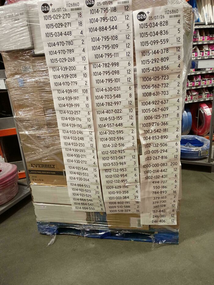 A cardboard pallet wrapped in plastic with a long printed inventory list related to Home Depot employees posts