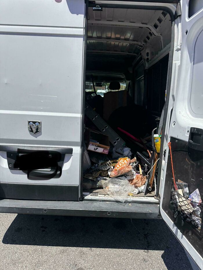 The messy, unorganized trunk of a work van representing funny Home Depot employees posts