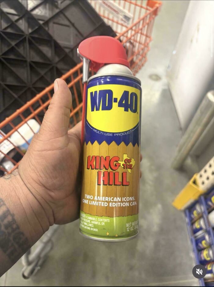 A hand holding a WD-40 can featuring a special King of the Hill edition label, funny Home Depot employees posts