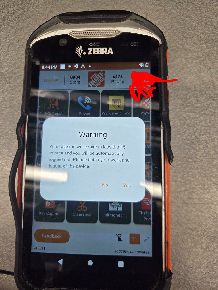 Zebra device displaying a session expiration warning screen, used daily by homedepot employees