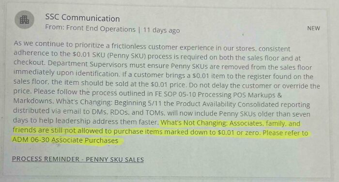 Internal memo about penny SKU sales policy shared online by homedepot employees