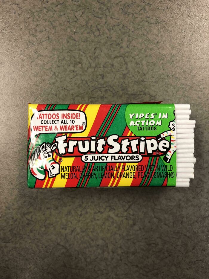 Fruit Stripe gum with a zebra mascot, a nostalgic meme from the 90s, triggering childhood memories.