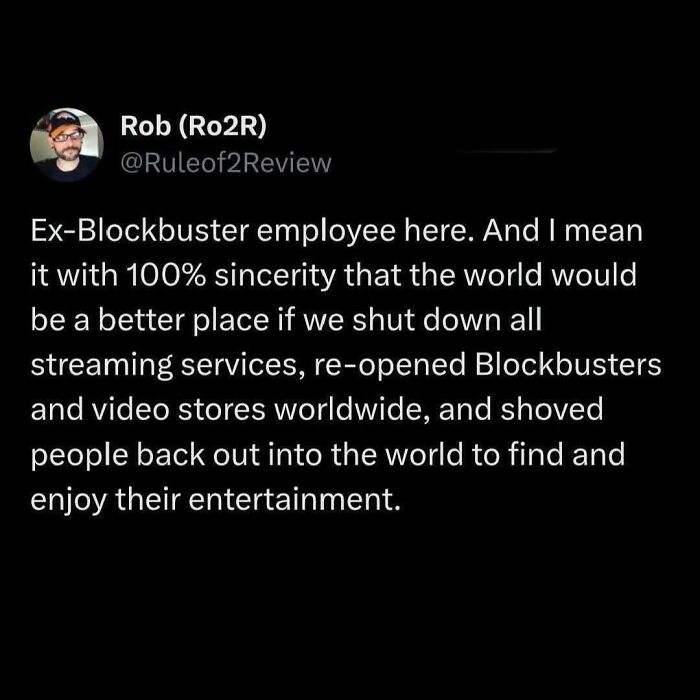 A text meme from an ex-Blockbuster employee, expressing a nostalgic '90s kid desire to reopen video stores.